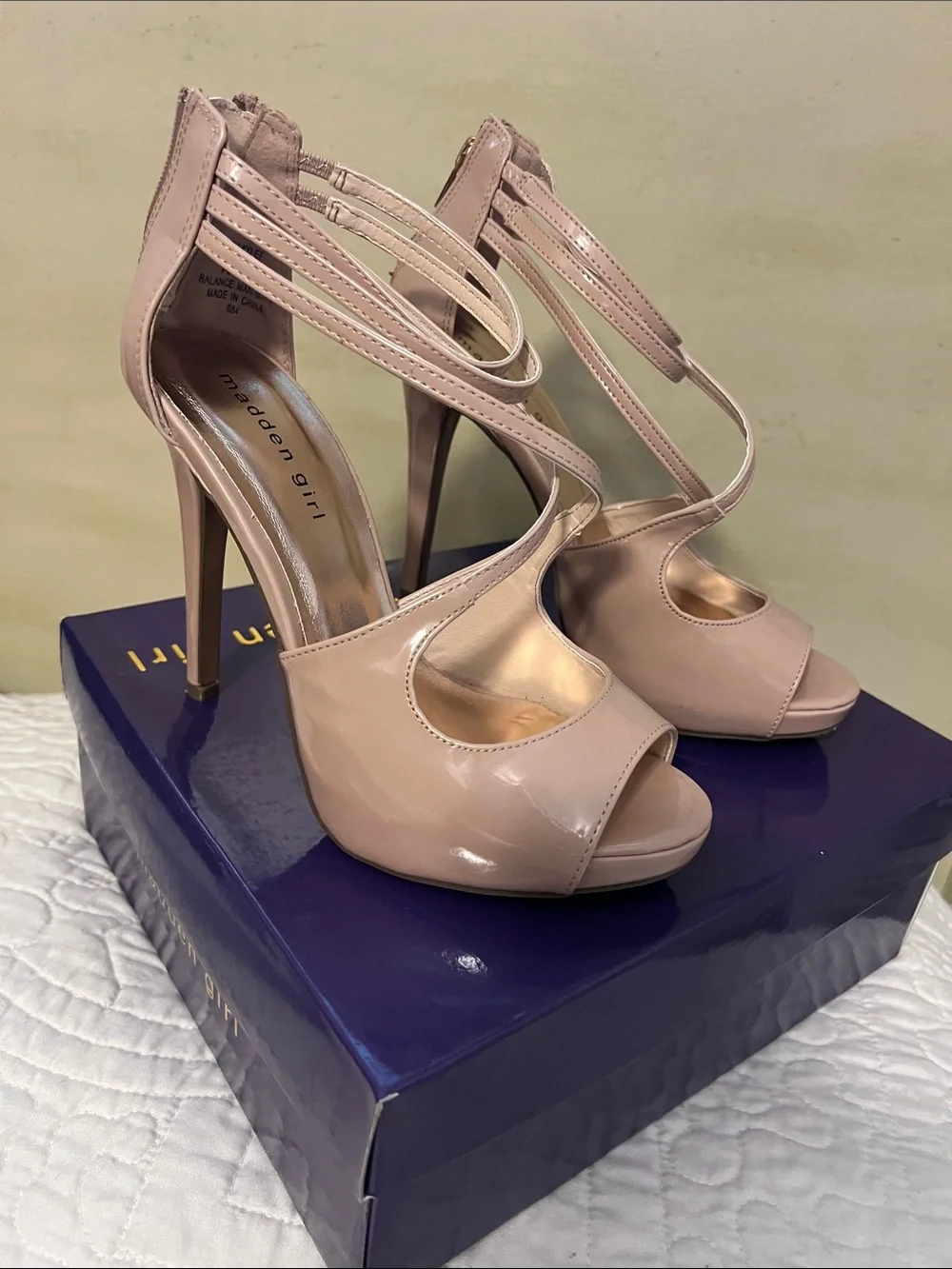 Madden Girl Nude Patent Strappy Peep-Toe Heels